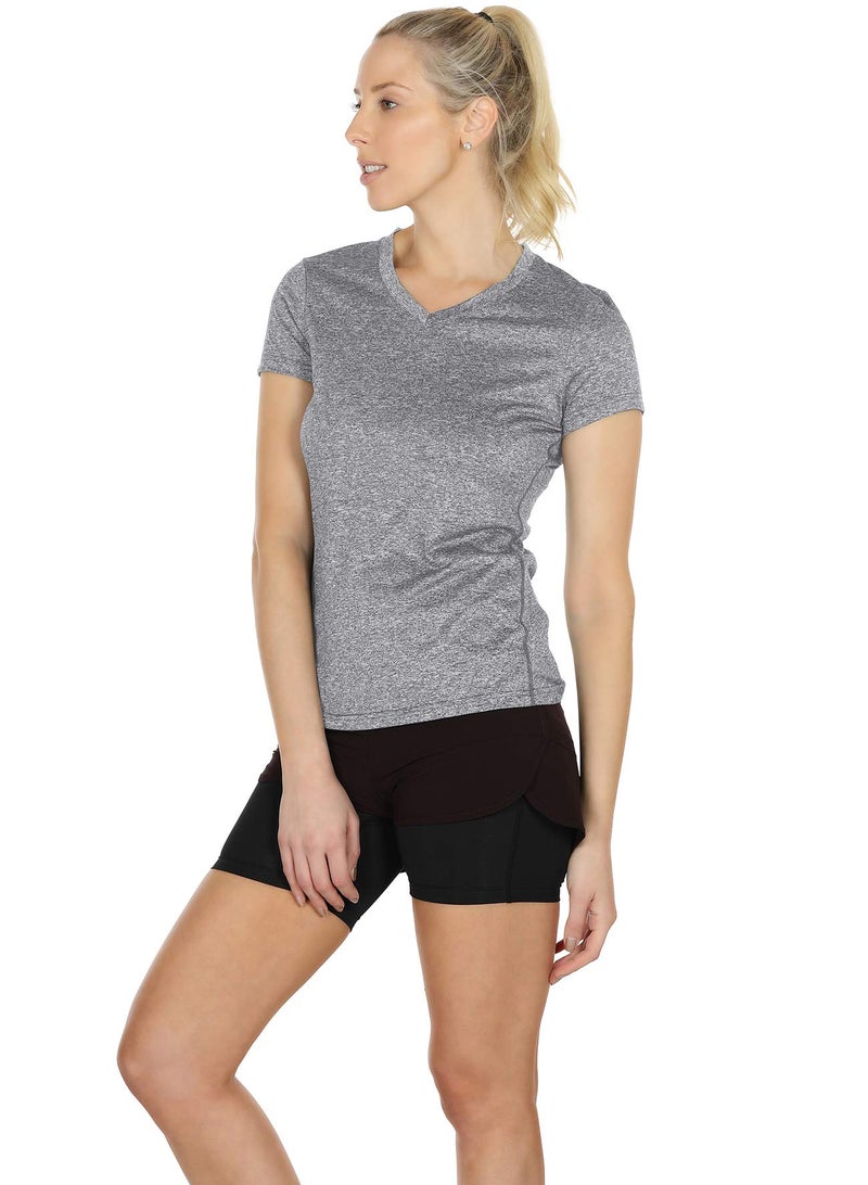 icyzone Workout Shirts Yoga Tops Activewear V-Neck T-Shirts for Women Running Fitness Sports Short Sleeve Tees (M, Black/Granite/Peach) - Image 3
